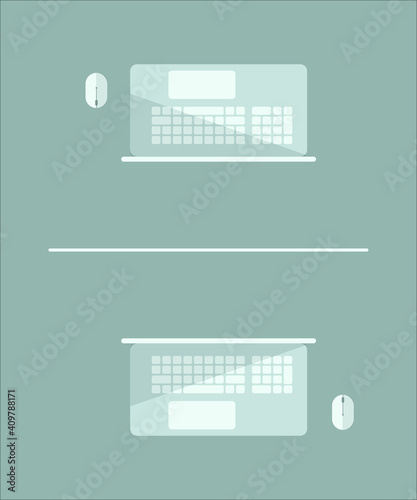 two modern laptops with white mouses opposite to each other splitted with glassy partition-wall, flat design demonstrating social distancing at wor