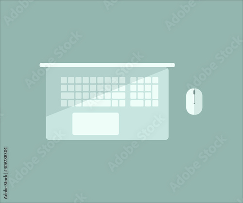 modern laptop with white mouses, minimalistic flat design
