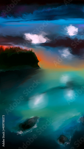 Seascape and rock, watercolor drawing