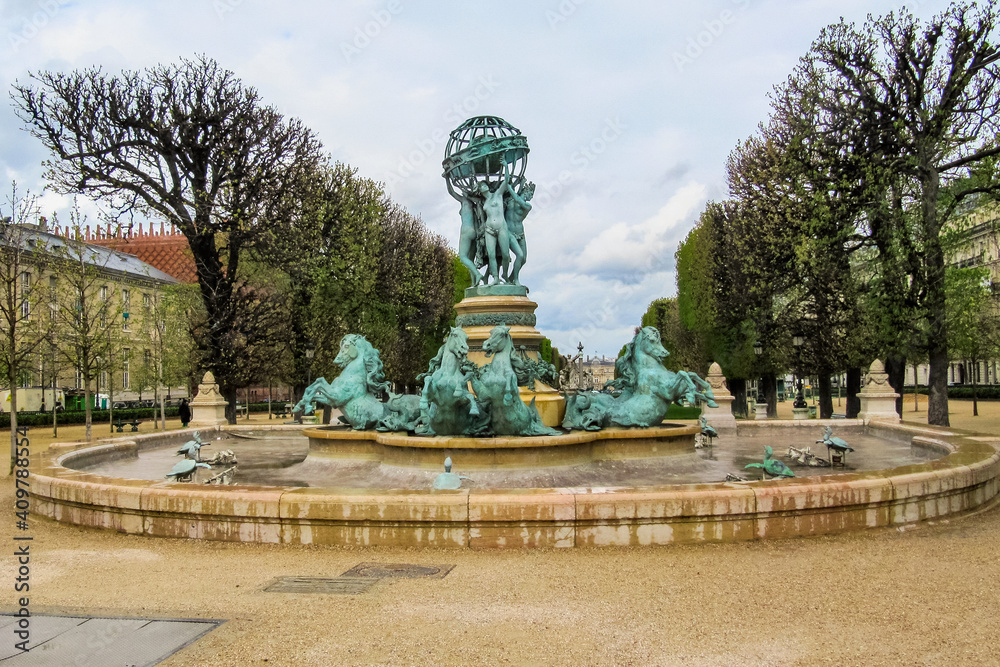Fountain of the Observatory in Marco Polo Gardens in Paris