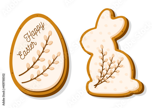 Set of Easter cookies in the form of Egg and Rabbit. Gingerbread cookies with pastel glaze and willow isolated on white background. A holiday of religion. Vector illustration