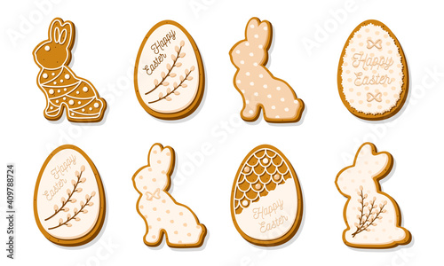 Set of Easter cookies in the form of Eggs and Rabbits. Gingerbread cookies with pastel glaze isolated on white background. A holiday of religion. Vector illustration
