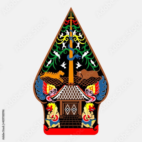 The gunungan (Javanese "mountain"), also known as kayon or kayonan (from kayu, "wood" or "tree") in Bali, is a figure in the Indonesian theatrical performance of wayang