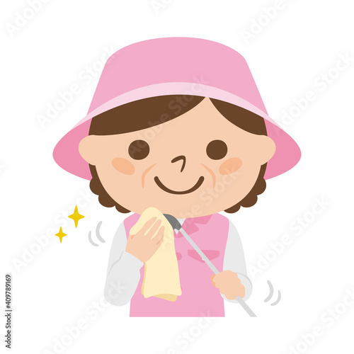 ゴルフ場で働く女性キャディのイラスト。ゴルフクラブの汚れをタオルで清潔にしてる女性。