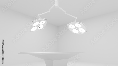 3D : surgery room with two illuminated medical lamps and empty bed. 3d rendering.