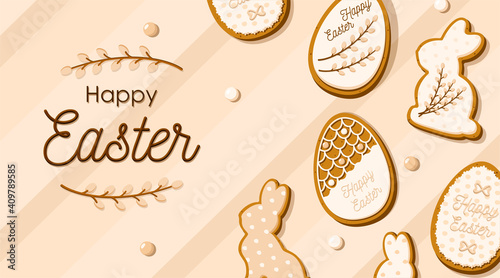 Happy Easter greeting card with eggs and rabbit shaped gingerbread cookies in glaze. Cute Homemade sweets on a pastel background. Vector illustration
