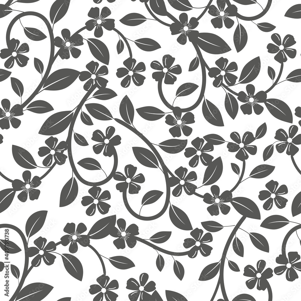 Seamless pattern of leaves and flowers black on white background. Vector illustration Seamless pattern of leaves and flowers black on white background. Vector illustration