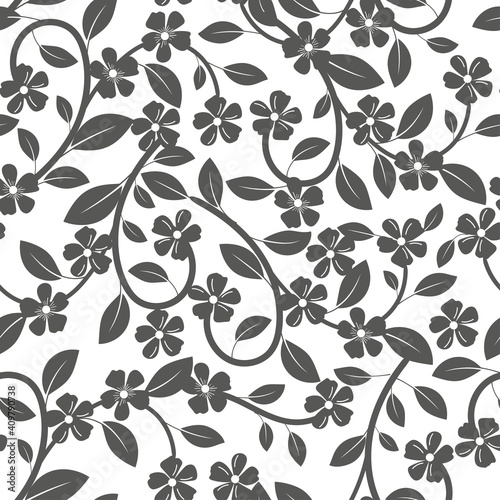 Fototapeta Naklejka Na Ścianę i Meble -  Seamless pattern of leaves and flowers black on white background. Vector illustration