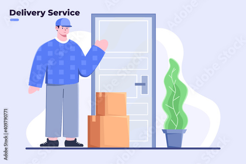 Flat illustration of Courier Finishes Deliver Parcel to Customer or buyer home, Parcel package success delivered, Courier knocking the customer's home door, Buyer Received Parcel Package