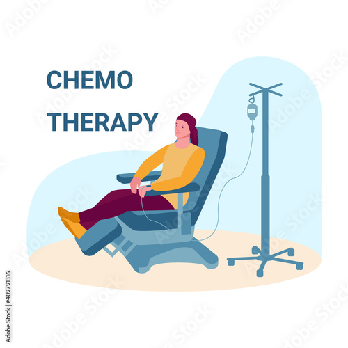 Oncology patient having a chemotherapy. Woman with cancer gets a drip. Vector concept of cancer treatment and medicine. Illustration in flat cartoon style.