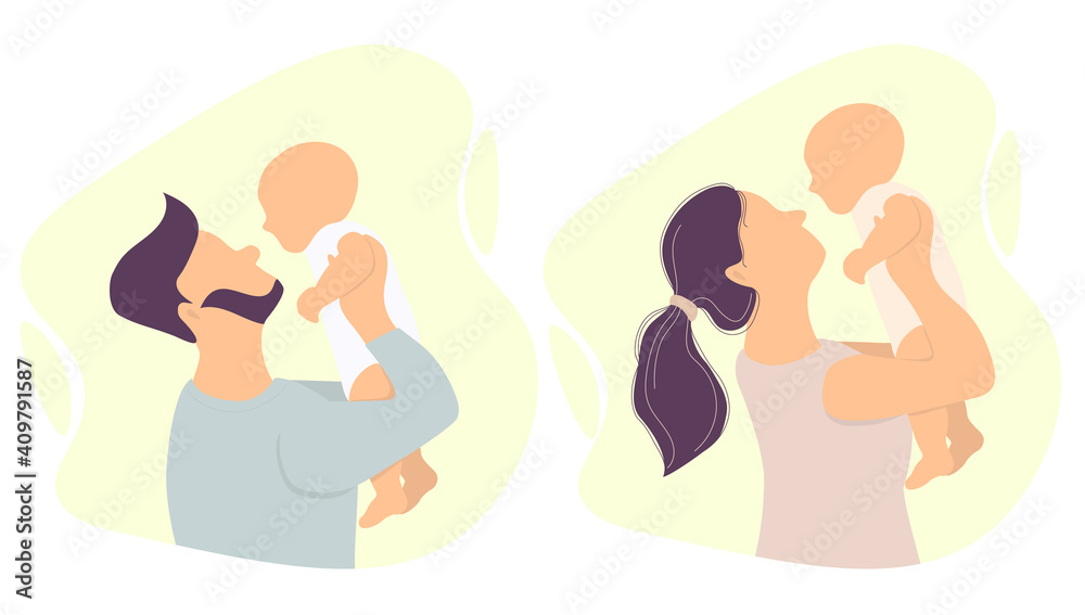Happy parents with a baby. Man bewhiskered and woman are holding newborn son and daughter. Vector illustration. Set. flat illustration Happy parents with a baby. Man bewhiskered and woman are holding newborn son and daughter. Vector illustration. Set. flat illustration
