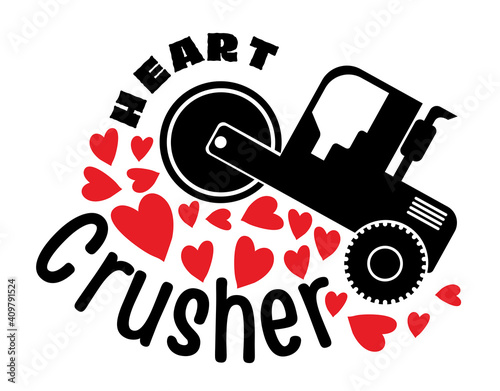 Black road roller crushing heart isolated on white background.