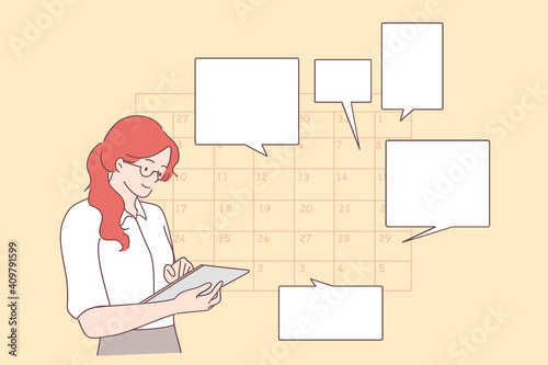 Time management, schedule, planning concept. Young positive businesswoman planning day scheduling appointment in calendar, sending messages, adding event, putting reminders in tablet 