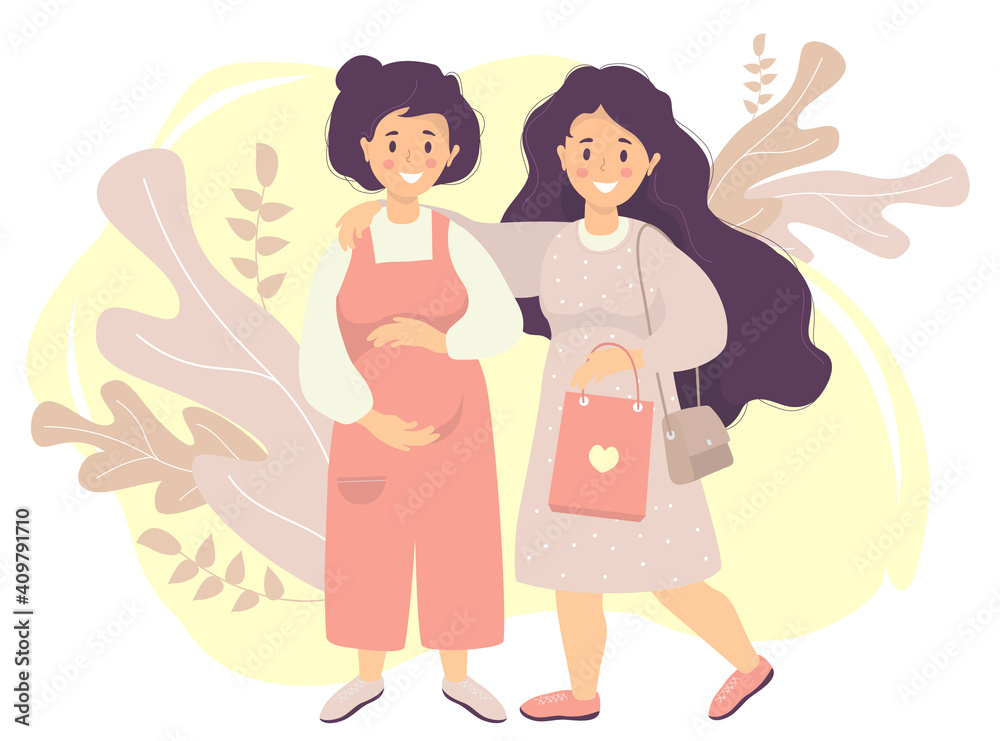 Motherhood and Happy female lgbt family. A pregnant woman in overalls strokes her belly with her hands. She is hugged by a girl with long hair and a bag in her hands. Vector flat illustration Motherhood and Happy female lgbt family. A pregnant woman in overalls strokes her belly with her hands. She is hugged by a girl with long hair and a bag in her hands. Vector flat illustration