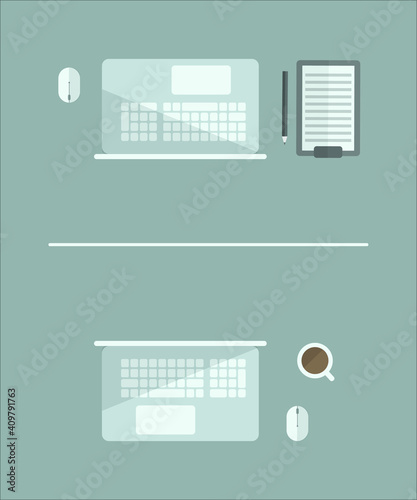 working place concept, two modern laptops with white mouses opposite to each other splitted with glassy partition-wall, flat design demonstrating social distancing at work, cup of coffee and notepad w