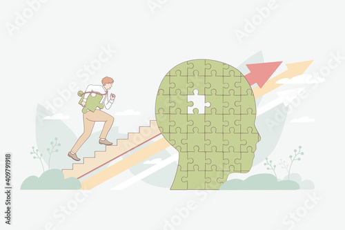 Self development, improvement and personal growth concept. Businessman cartoon character climbing up ladder through human brain with messed piece forward up vector illustration