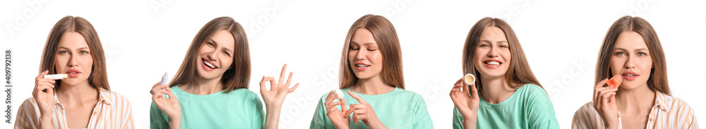 Beautiful young woman with lip balm on white background Beautiful young woman with lip balm on white background