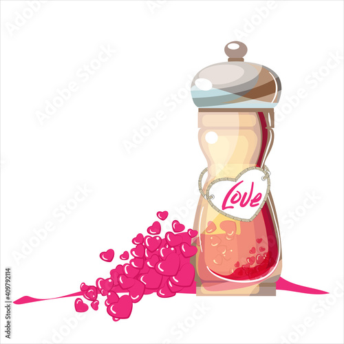 Valentine's Day.The elixir of love.Love. For lovers. A bottle of spices.A handful of hearts.Cuisine, food, condiments.The sharpness of feelings and relationships. Spices, restaurant, cafe. Pepper mill