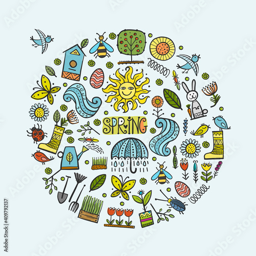Spring time background. Gardening Frame Design. Happy Easter Art.