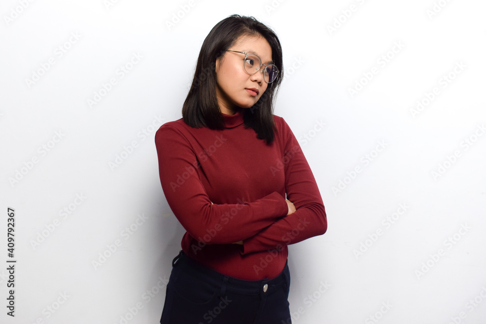 Young beautiful asian women dress red shirt isolated on white background doing some pose Young beautiful asian women dress red shirt isolated on white background doing some pose