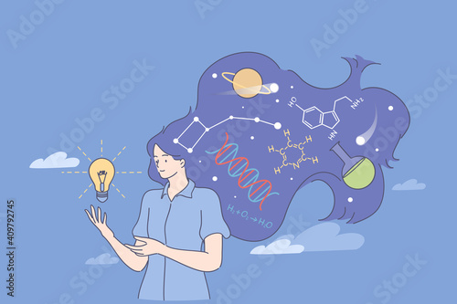 Physician or chemistry worker concept. Young woman scientist standing with light bulb and chemical symbols in hair having occupation as experimental chemistry manager or researcher illustration