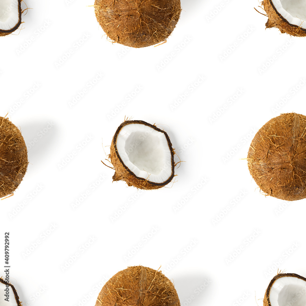 coconut Seamless pattern. Tropical abstract background with isolated Coconut on white background. flat lay.