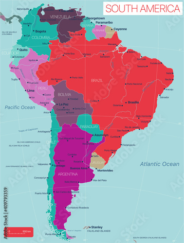 South America detailed editable map with countries capitals cities and towns, geographic sites. Vector EPS-10 file