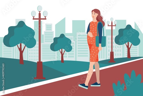 A young pregnant woman walks in the park, walking down the street. The concept of everyday activities and daily life. Flat cartoon vector illustration.