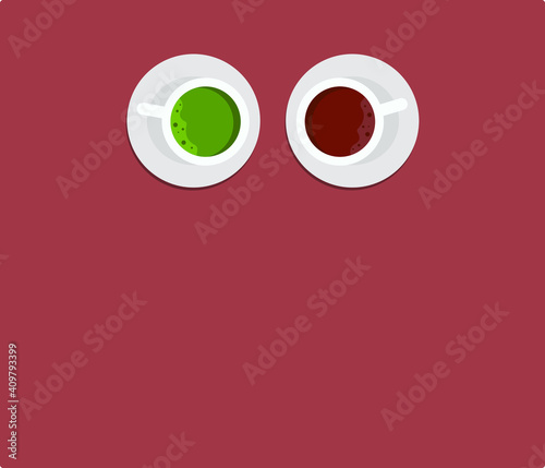 small white plates on coral background, coffee point minimalistic concept, flat design