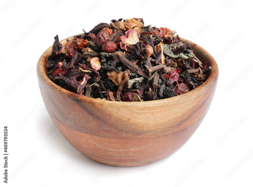Bowl with dry fruit tea on white background Bowl with dry fruit tea on white background
