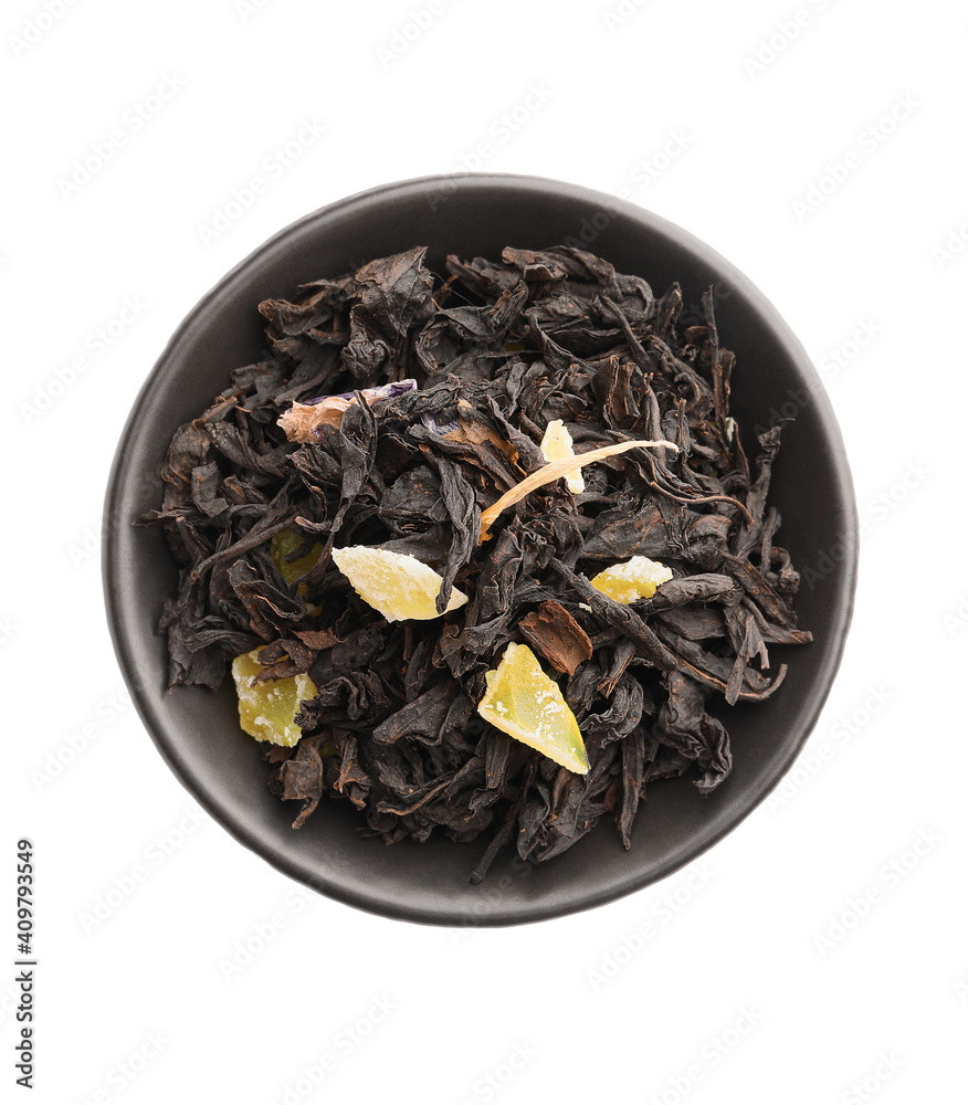 Bowl with dry fruit tea on white background Bowl with dry fruit tea on white background