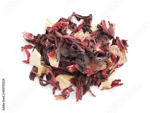 Dry hibiscus tea with fruits on white background