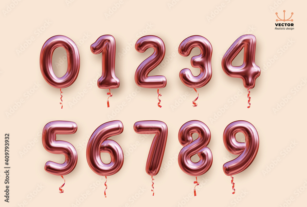 Fototapeta premium Metallic rose, pink number balloons 0 to 9. Set of foil and latex brilliant balloons. Helium balloons. Party, birthday, celebrate anniversary and wedding. Realistic vector pastel purple color or rose.