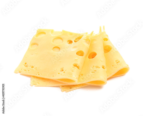Slices of tasty cheese on white background