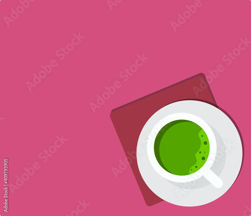 a cup of matcha with small white plate and napkin on coral background, coffee point minimalistic concept, flat design