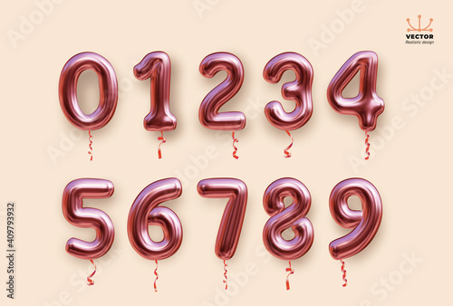 Metallic rose, pink number balloons 0 to 9. Set of foil and latex brilliant balloons. Helium balloons. Party, birthday, celebrate anniversary and wedding. Realistic vector pastel purple color or rose.