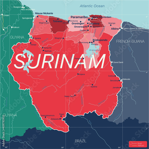 Surinam country detailed editable map with regions cities and towns, roads and railways, geographic sites. Vector EPS-10 file photo
