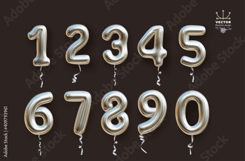 Metallic silver number balloons 0 to 9. Set of foil and latex balloons. Helium balloons. Party, birthday, celebrate anniversary and wedding. Realistic elements. Vector illustration Isolated on grey.