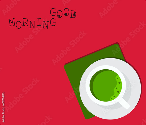 a cup of matcha with small white plate and napkin on coral background, coffee point minimalistic concept card/poster, flat design