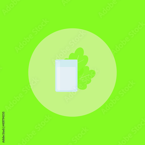 glass of cold fresh milk, lettuce/salad leaves are behind it, created in flat green cicle icon