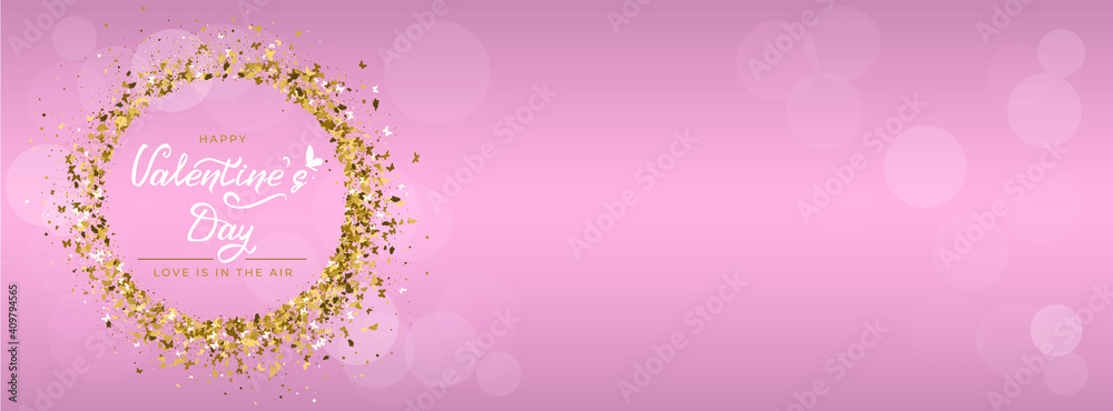 Valentine's day greeting card with hand drawn lettering, butterfly icon and round frame of gold glitter butterflies. For holiday invitations, banner, cover social network. Vector illustration. Valentine's day greeting card with hand drawn lettering, butterfly icon and round frame of gold glitter butterflies. For holiday invitations, banner, cover social network. Vector illustration.