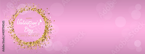 Valentine's day greeting card with hand drawn lettering, butterfly icon and round frame of gold glitter butterflies. For holiday invitations, banner, cover social network. Vector illustration.