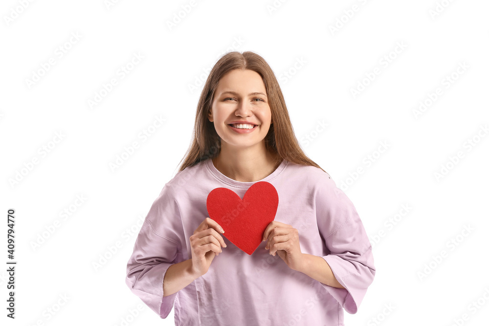 Young woman with red heart on white background. Valentine's Day celebration Young woman with red heart on white background. Valentine's Day celebration