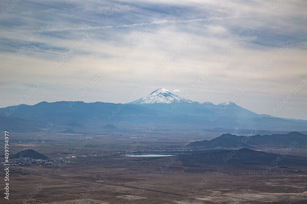 The volcano pico de orizaba and lake alchichica in puebla Mexico
