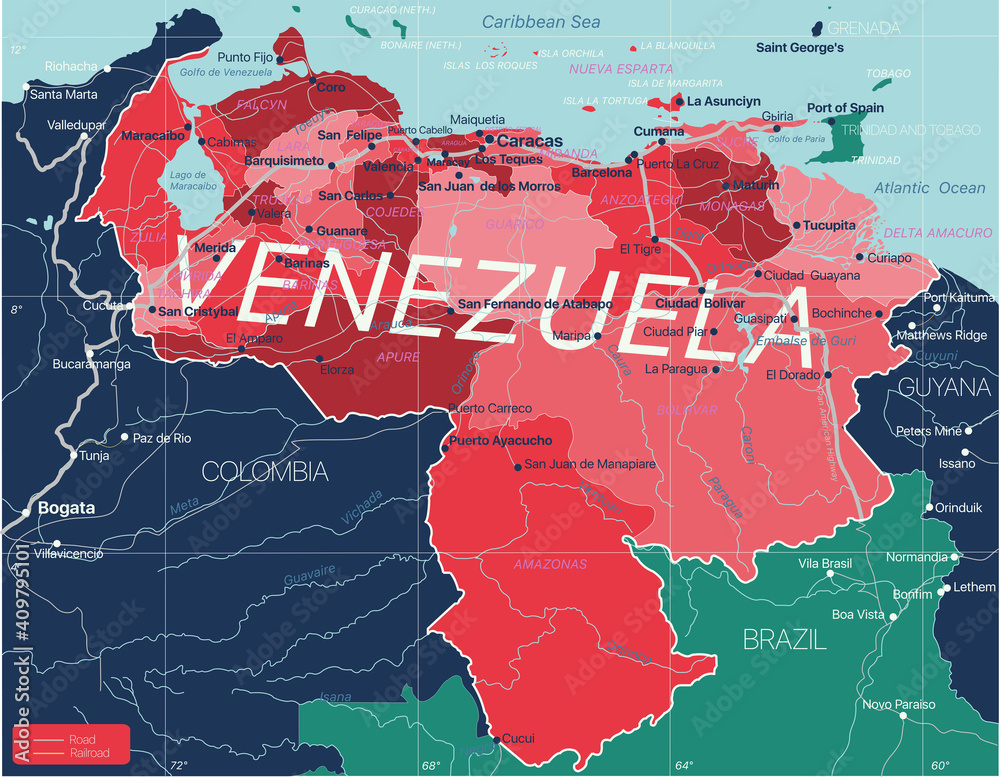 Venezuela country detailed editable map with regions cities and towns