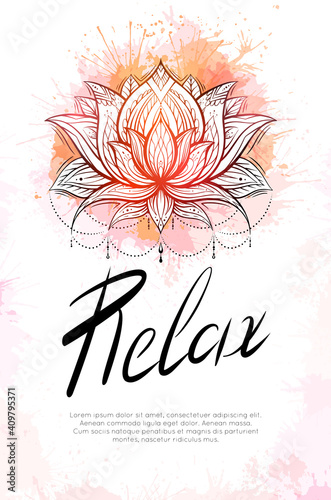 Relax vertical template with outline lotus tribal, watercolor splashes, lettering and place for text. Spiritual greeting card with water lily. Meditation. Religious banner with symbol for yoga centers