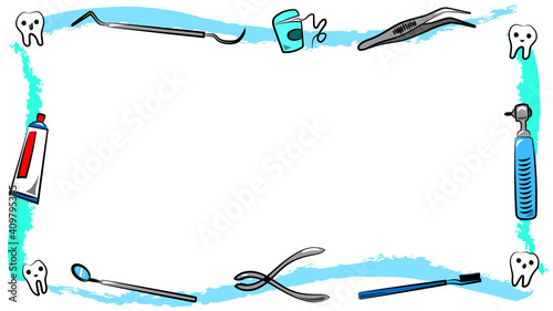 blue frame of odontology with toothpaste brush
