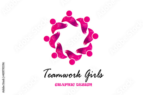 Teamwork girls partners in a hug of eight persons concept of unity friendship partnership working together icon logo vector image design