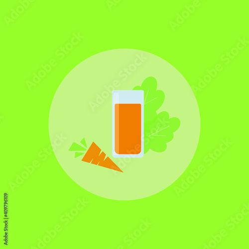 glass of cold fresh carrot juice lettuce/salad leaves are behind it and carrrot bellow, created in flat green cicle icon