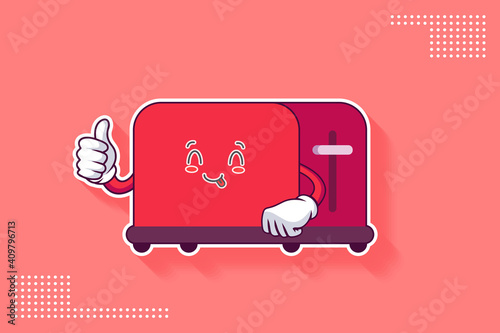 YUM, TONGUE, CHEERFUL Face Emotion. Thumb Up Finger Hand Gesture. Toaster Cartoon Drawing Mascot Illustration.